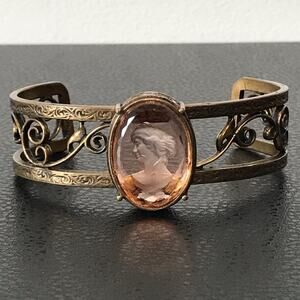 Extasia Signed Cut Glass Victorian Cameo Cuff Bracelet Bronze Copper Filigree